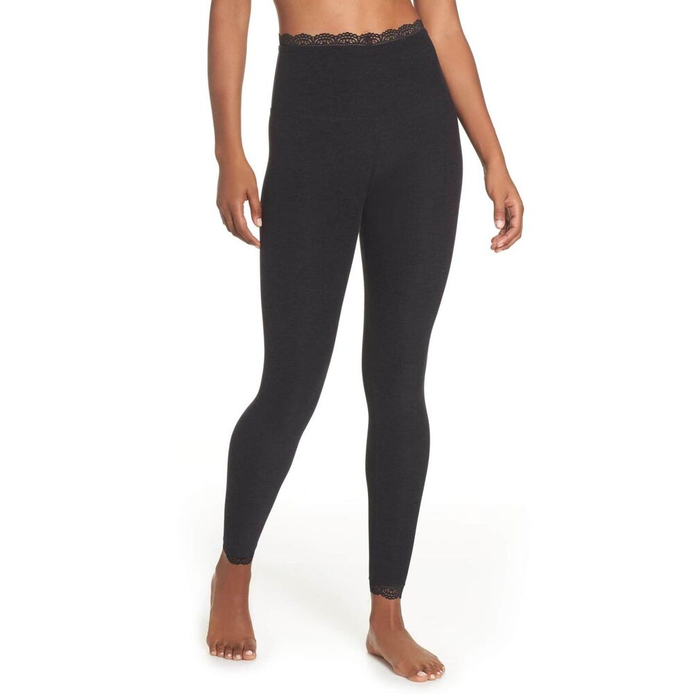Beyond Yoga Mesh Lace Trim Crop Leggings in Heather Black - Size S
